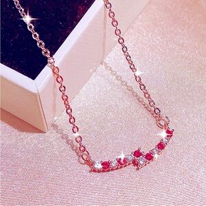 NEW 14k Rose Gold Over Silver White Sapphires Rubies Bar Necklace